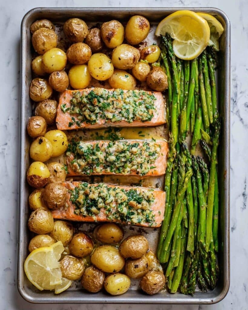 Sheet Pan Garlic Butter Salmon with Roasted Potatoes and Asparagus Recipe