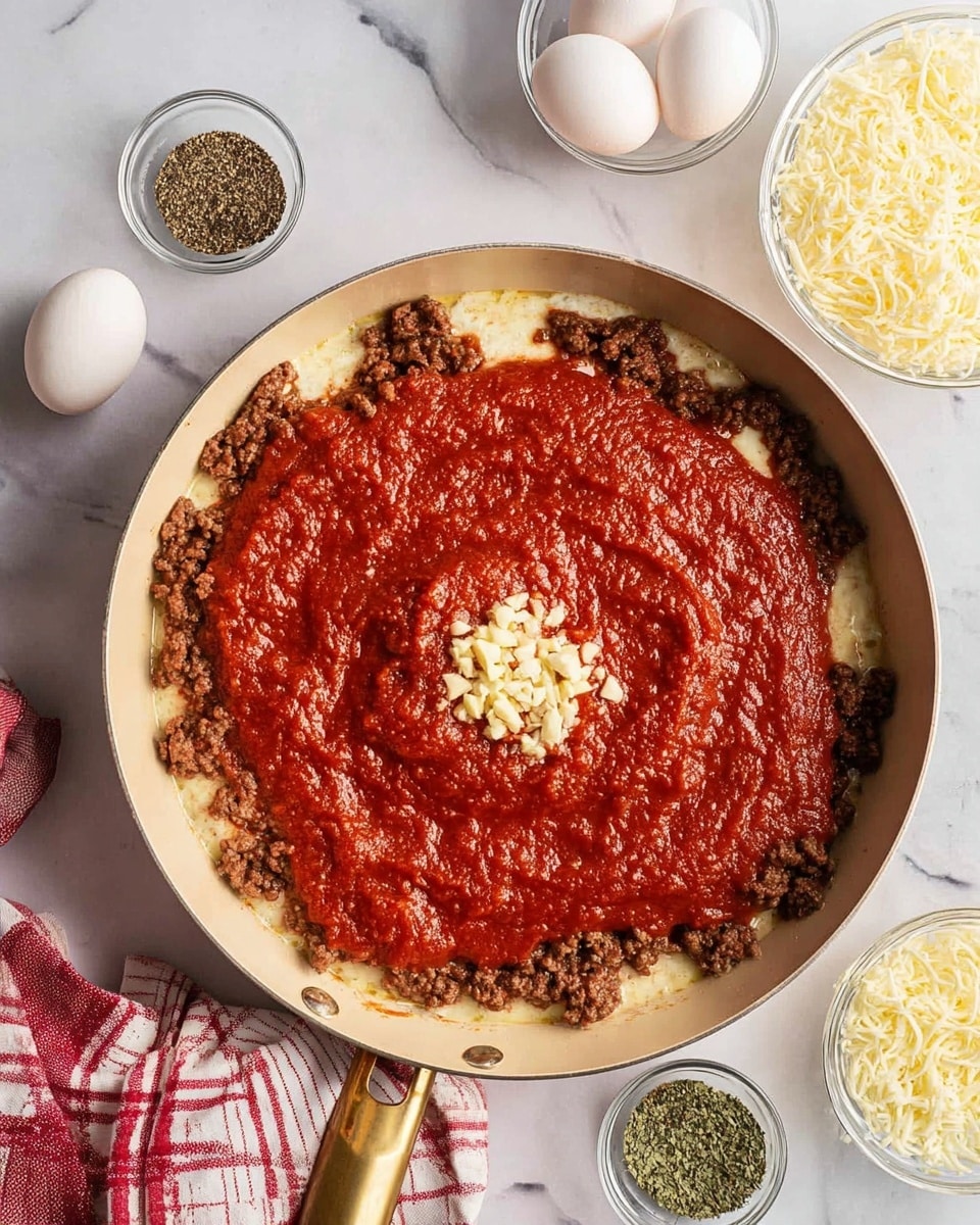 In a round pan with a light gold handle, the bottom layer is a bed of brown cooked ground meat pressed along the edges and center. On top, there is a thick layer of deep red tomato sauce spread evenly, with some small light beige chopped minced garlic sitting on the meat at the center where the sauce parts slightly. Around the pan on a white marbled surface, there are white eggs, a small white bowl with green and black spices, and clear bowls with shredded pale yellow cheese. A red and white striped cloth is near the bottom left corner. Photo taken with an iphone --ar 4:5 --v 7