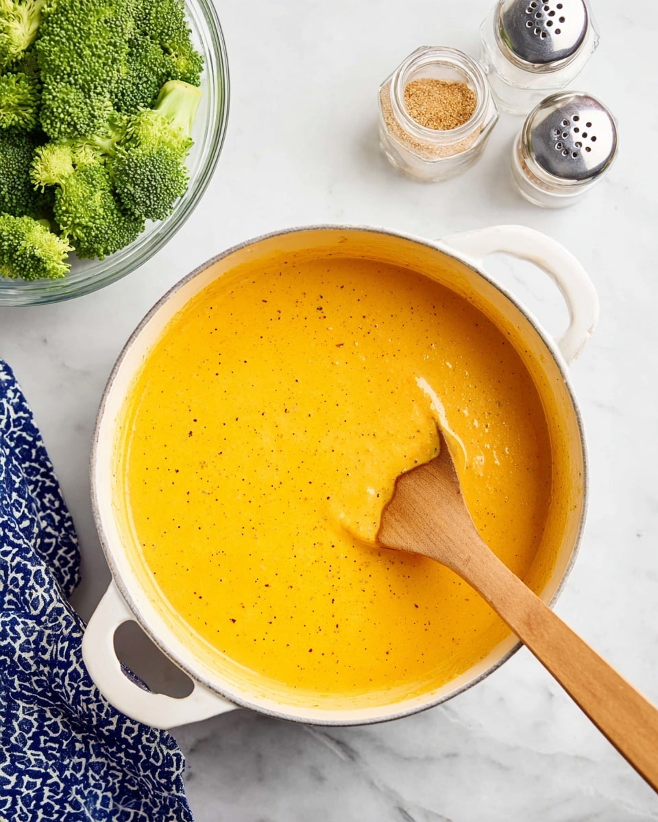 A white pot contains a smooth, thick yellow-orange sauce with small black specks throughout, being stirred by a wooden spoon with a light-colored handle on a white marbled surface. To the top left, there is a clear glass bowl filled with bright green broccoli florets, and near the top right are two glass shakers with silver tops, one containing a light brown spice and the other salt. A blue and white patterned cloth is partly visible at the bottom left photo taken with an iphone --ar 4:5 --v 7