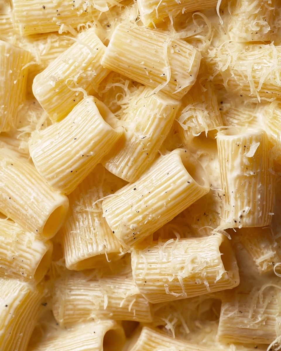 Close-up of short, tube-shaped pasta pieces layered tightly together, showing a pale yellow color with smooth and slightly ridged texture. The pasta is coated with a light layer of creamy white sauce mixed with tiny black pepper specks. On top, there is a light sprinkle of fine grated cheese that adds a curly, soft texture to the surface. The whole image has a soft, warm lighting with a subtle shine on the sauce. Photo taken with an iphone --ar 4:5 --v 7