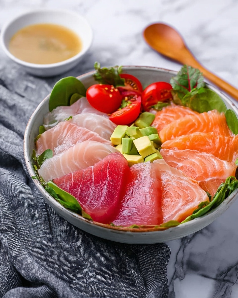 This dish shows a bowl with four types of thin fish slices arranged on top of fresh green leaves and halved red cherry tomatoes. The fish are pink tuna, translucent white fish, light pink fish, and orange salmon, placed in separate sections around the bowl. Small green chunks of avocado are scattered between the fish slices. In the background, there is a small white bowl with light brown sauce on a white marbled surface, and a wooden spoon is placed near the bowl. The photo is clear and bright, with a gray cloth nearby. photo taken with an iphone --ar 4:5 --v 7