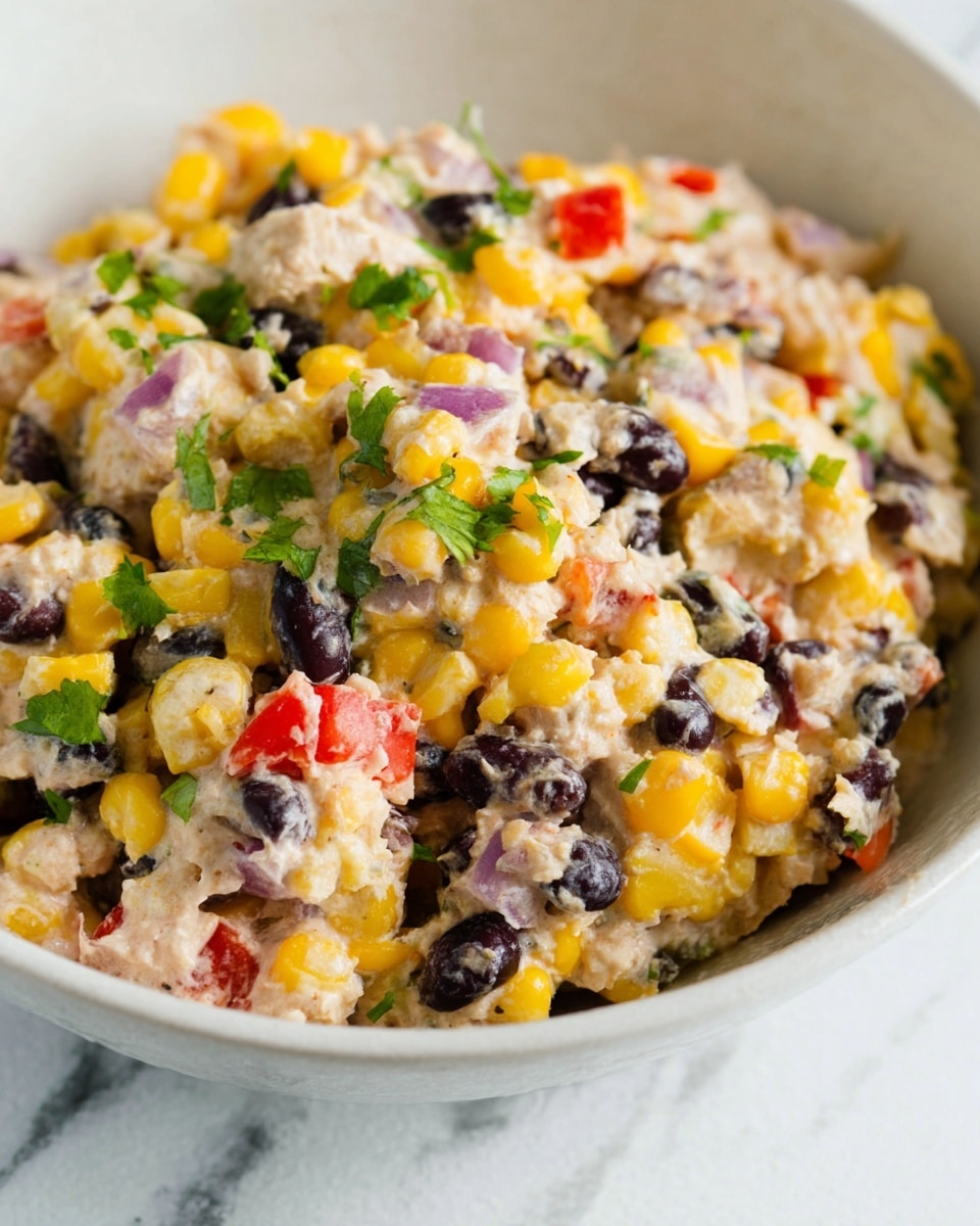 A close-up view of a creamy salad mixture in a white bowl, showing a rough texture with chunks of yellow corn, whole black beans, small pieces of red bell pepper, and bits of purple onion scattered throughout. The salad appears thick and chunky, with bright green herbs sprinkled on top for contrast. The background features a white marbled surface. photo taken with an iphone --ar 4:5 --v 7