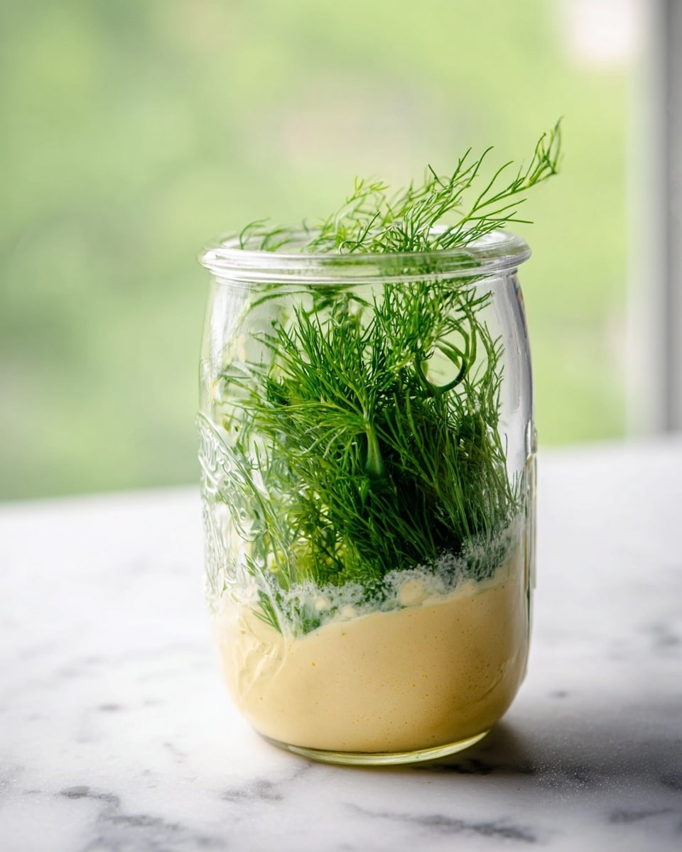 A clear glass jar shows two layers inside, sitting on a white marbled surface. The bottom layer is a pale yellow creamy sauce with a smooth texture. Above it, there is a thick bunch of fresh green dill with thin, feathery leaves that fill the jar almost to the top. The background is softly blurred with light green and white shades, giving a fresh feel to the scene. photo taken with an iphone --ar 4:5 --v 7