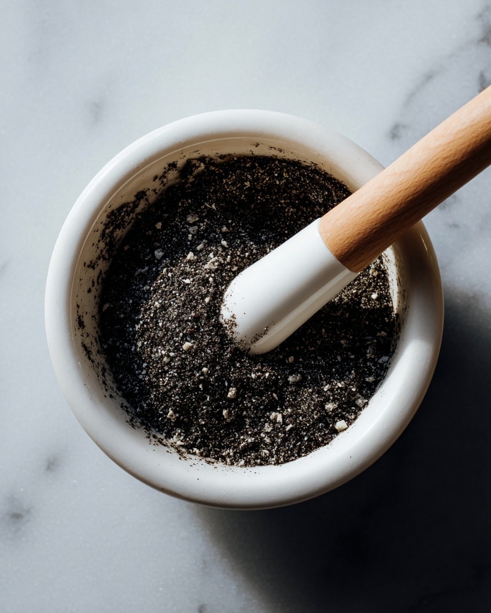 A white ceramic mortar filled with a dark, coarse mixture that looks grainy and slightly moist, with small white and light-colored particles scattered throughout. A wooden pestle with a smooth, light wood handle and a white ceramic grinding end is resting inside the mortar, partially immersed in the mixture. The background is a white marbled texture, providing a clean contrast to the dark contents of the mortar. Photo taken with an iphone --ar 4:5 --v 7