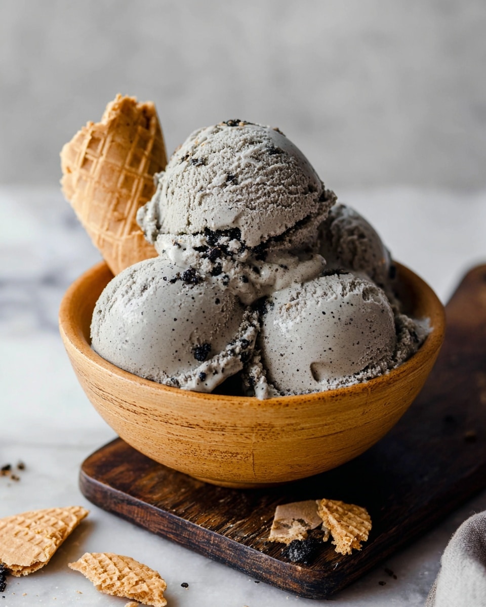 A light brown bowl filled with four scoops of gray ice cream speckled with black seeds is placed on a small dark wooden board over a white marbled surface. The ice cream scoops are stacked closely, with a few broken light tan waffle pieces scattered on top and around them. A small, conical waffle piece leans inside the bowl on the left side. Photo taken with an iphone --ar 4:5 --v 7