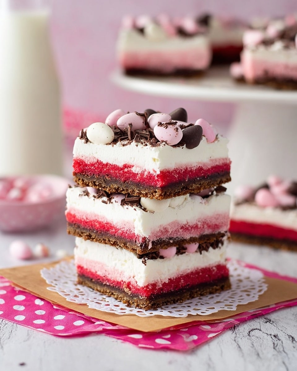 The image shows three layered dessert bars stacked on top of each other on a white doily and brown paper, placed over a pink polka-dotted napkin on a white marbled surface. Each bar has four distinct layers: a dark brown bottom layer with a firm, cookie-like texture; a bright red layer above it with a smooth, slightly crumbly look; then a thick white creamy layer; and the top is decorated with broken small chocolate eggs in shades of pink, white, and dark brown scattered evenly. In the background on the right side, more bars are visible on a white cake stand that has a pink tint and the background is blurry with a white bottle, likely milk. photo taken with an iphone --ar 4:5 --v 7