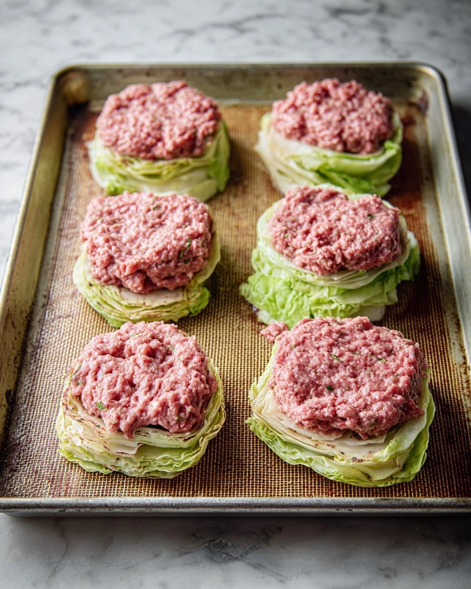 The image shows five round stacks placed on a large metal baking sheet with a textured mat underneath. Each stack has two layers: the bottom layer is a roughly cut thick slice of light green cabbage with slightly browned edges and visible leaf layers, and the top layer is raw ground meat that is pink with a slightly uneven, chunky texture, covering most of the cabbage surface. The cabbage slices are arranged evenly in two rows, three on top and two on the bottom. The background is a white marbled texture. Photo taken with an iphone --ar 4:5 --v 7