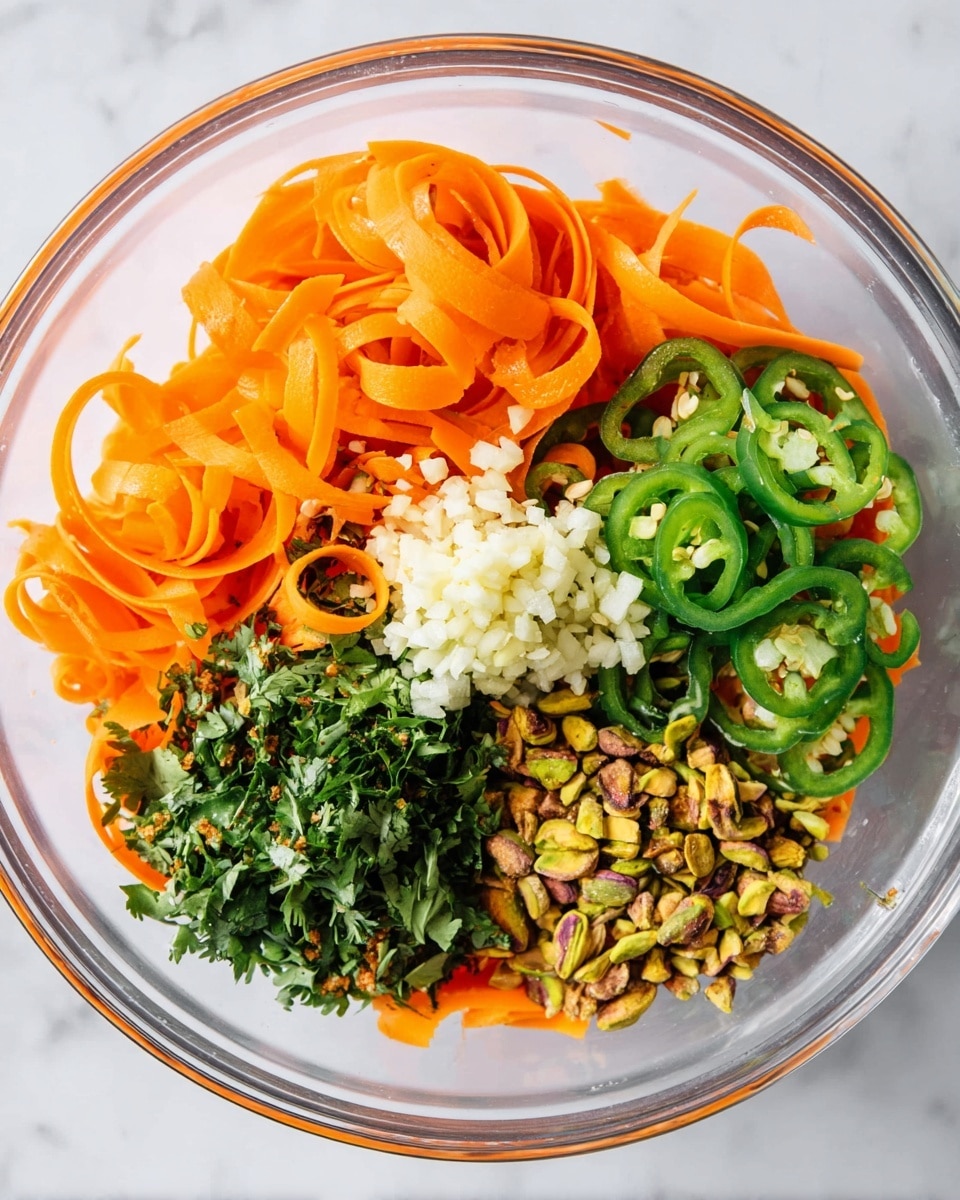The image shows a clear glass bowl filled with four main ingredients arranged in separate sections. The largest section contains long, bright orange carrot ribbons with curled edges and smooth texture. On top of the carrots, there is a small pile of finely minced white garlic. To the right of the carrots is a pile of thinly sliced green jalapeño peppers with a glossy, fresh look. Below the carrots is a heap of finely chopped dark green fresh herbs, likely cilantro or parsley, with a leafy texture. To the right of the herbs is a pile of crushed light brown and green pistachio nuts with a crunchy texture. The bowl is placed on a white marbled surface. photo taken with an iphone --ar 4:5 --v 7