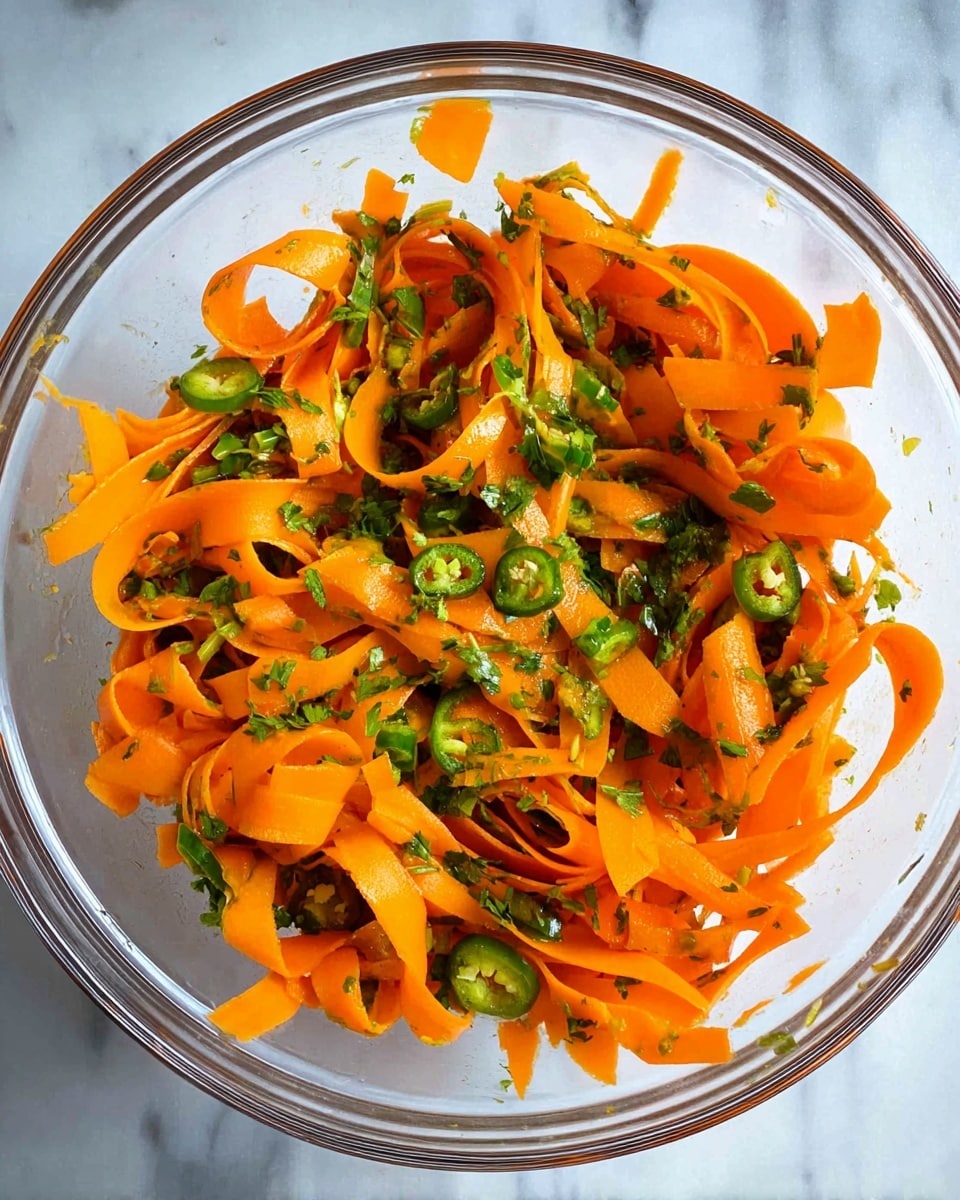 A clear glass bowl holds a fresh salad made of wide carrot ribbons forming the main bright orange layer shaped in loose folds. Mixed in are thin round slices of dark green chili peppers scattered across the carrots. Small green chopped herbs are evenly spread throughout, adding texture and color contrast to the salad. The bowl is placed on a white marbled surface. Photo taken with an iphone --ar 4:5 --v 7