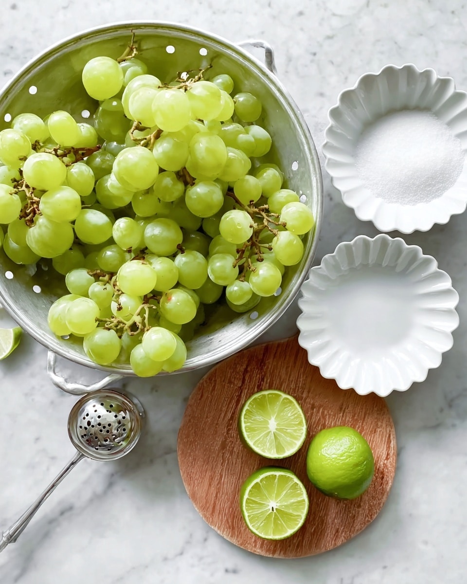 The image shows fresh, green grapes in a silver colander full of round grapes with stems. To the right, there are two white scalloped small bowls filled with white sugar, placed on a white marbled surface. Below them, a wooden round board holds two halves of a green lime and a metal citrus juicer with a handle and slotted holes for juice collection. The colors are mainly green and white with a shiny metal texture on the colander and juicer. photo taken with an iphone --ar 4:5 --v 7