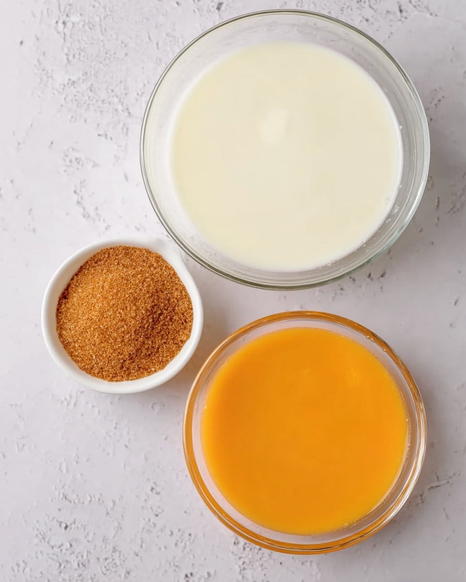 The image shows three clear glass bowls placed on a white marbled surface. The largest bowl at the top holds a creamy white liquid with a smooth texture. Below and slightly to the right, a medium-sized bowl contains a bright orange liquid that looks thick and smooth. To the left of the orange bowl, a small bowl is filled with a granular, brown powder. photo taken with an iphone --ar 4:5 --v 7
