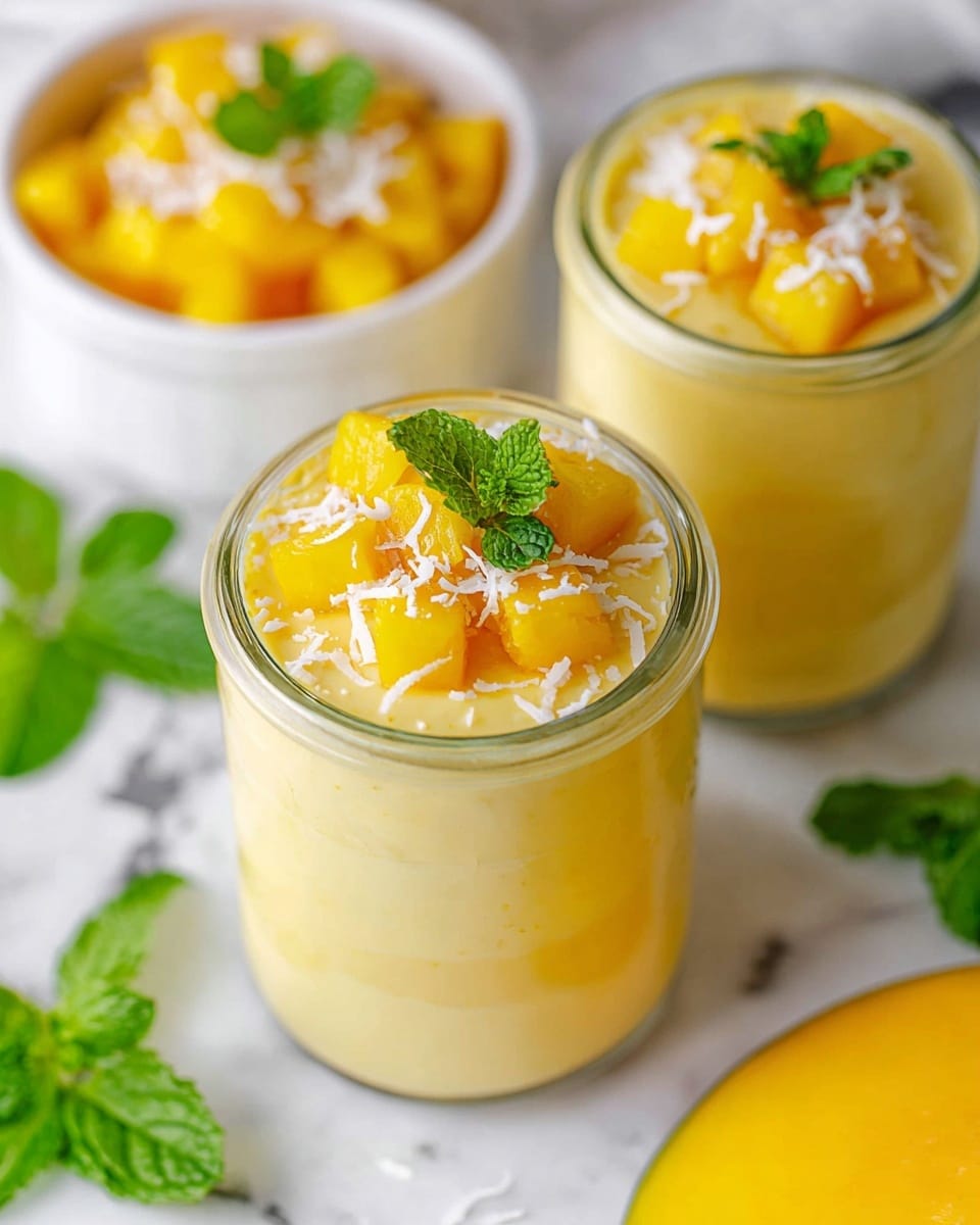 The image shows two tall clear glass jars filled with smooth yellow mango pudding as the main layer. On top of the pudding layers, there are small cubes of bright yellow mango pieces, sprinkled with fine white shredded coconut, and decorated with fresh green mint leaves. The jars are placed on a white marbled surface with scattered fresh mint leaves and a whole yellow mango partially visible in the corner. In the background, slightly out of focus, is a white bowl also filled with the same mango pudding topped with mango cubes, shredded coconut, and mint. The overall look is fresh, creamy, and vibrant with a clear view of the pudding layers in the glass jars. photo taken with an iphone --ar 4:5 --v 7