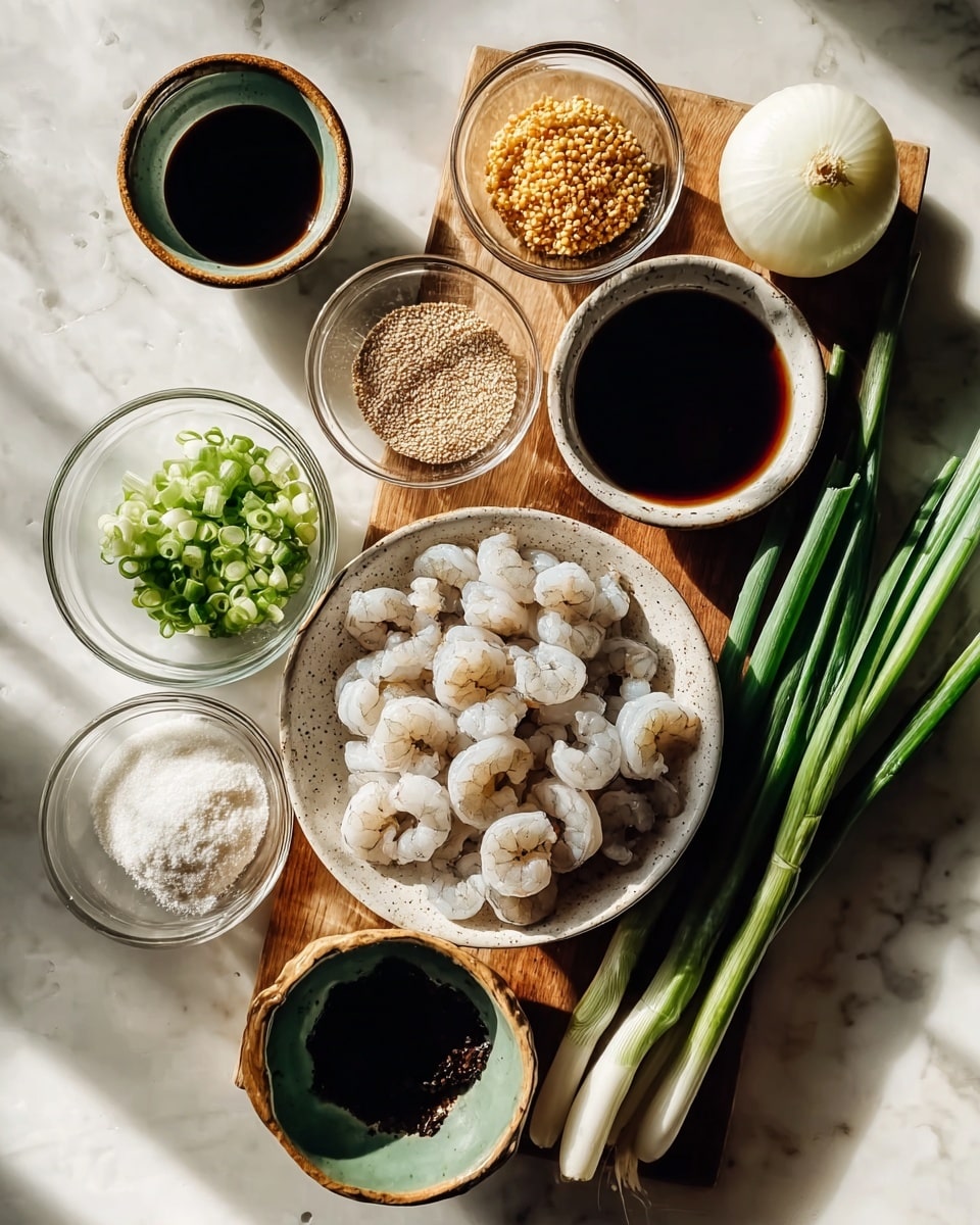 The image shows a wooden board placed on a white marbled surface with various ingredients neatly arranged. At the center right is a white speckled bowl filled with raw peeled shrimp, which are pale with slight grey spots. To the right of the bowl are fresh green onions with long dark green stalks resting on the marble. Surrounding the shrimp bowl are small bowls and ramekins containing different items: at the top center is a small clear bowl with golden mustard seeds; below that to the left is a clear bowl with chopped green onions which are bright green and white; below that is a larger brown bowl filled with dark soy sauce; next to it is a small greenish bowl filled with toasted sesame seeds, small and light beige; to the right is a small clear bowl with sliced white onions, thin circles; next to it is a small brown bowl filled with white powder, likely flour or starch; near the top left is a whole white onion; above the shrimp bowl is a greenish bowl with dark soy sauce or vinegar. The lighting casts soft shadows across the ingredients. Photo taken with an iphone --ar 4:5 --v 7