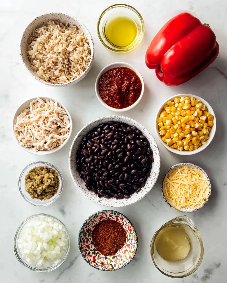 The image shows several small white bowls and clear glass containers placed on a white marbled surface, each holding a different ingredient. In a white speckled bowl near the center is a large pile of black beans. Below that, another white speckled bowl is filled with shredded cooked chicken. To the left of the chicken is a white bowl with cooked brown rice. Above the rice is a small clear bowl holding a dollop of thick tomato paste. Above that is a glass container with a small amount of yellow oil. To the right of the black beans is a small white bowl filled with light yellow corn kernels. Near the top right corner is a large, whole red bell pepper. Just below the corn is a white bowl filled with shredded cheese. Below the cheese is a clear measuring cup with a light yellow liquid, likely broth. Near the center right is a decorative bowl filled with reddish spice mix. At the top center is a small clear bowl with a chunky greenish condiment or salsa. At the top left is a small white bowl with chopped white onions. photo taken with an iphone --ar 4:5 --v 7
