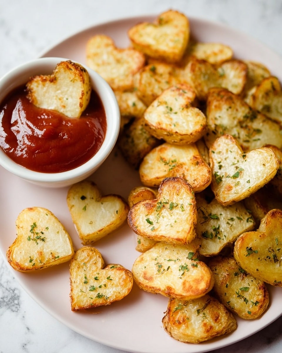 The image shows a white plate filled with golden brown heart-shaped potato pieces sprinkled with green herbs. The potatoes look soft inside with some crispy edges and vary slightly in size. On the side of the plate, there is a small white bowl filled with thick red ketchup. One heart-shaped potato piece is dipped halfway in the ketchup inside the bowl. A few extra heart-shaped potatoes are scattered on the white marbled surface next to the plate. The lighting makes the food look warm and tasty. Photo taken with an iphone --ar 4:5 --v 7
