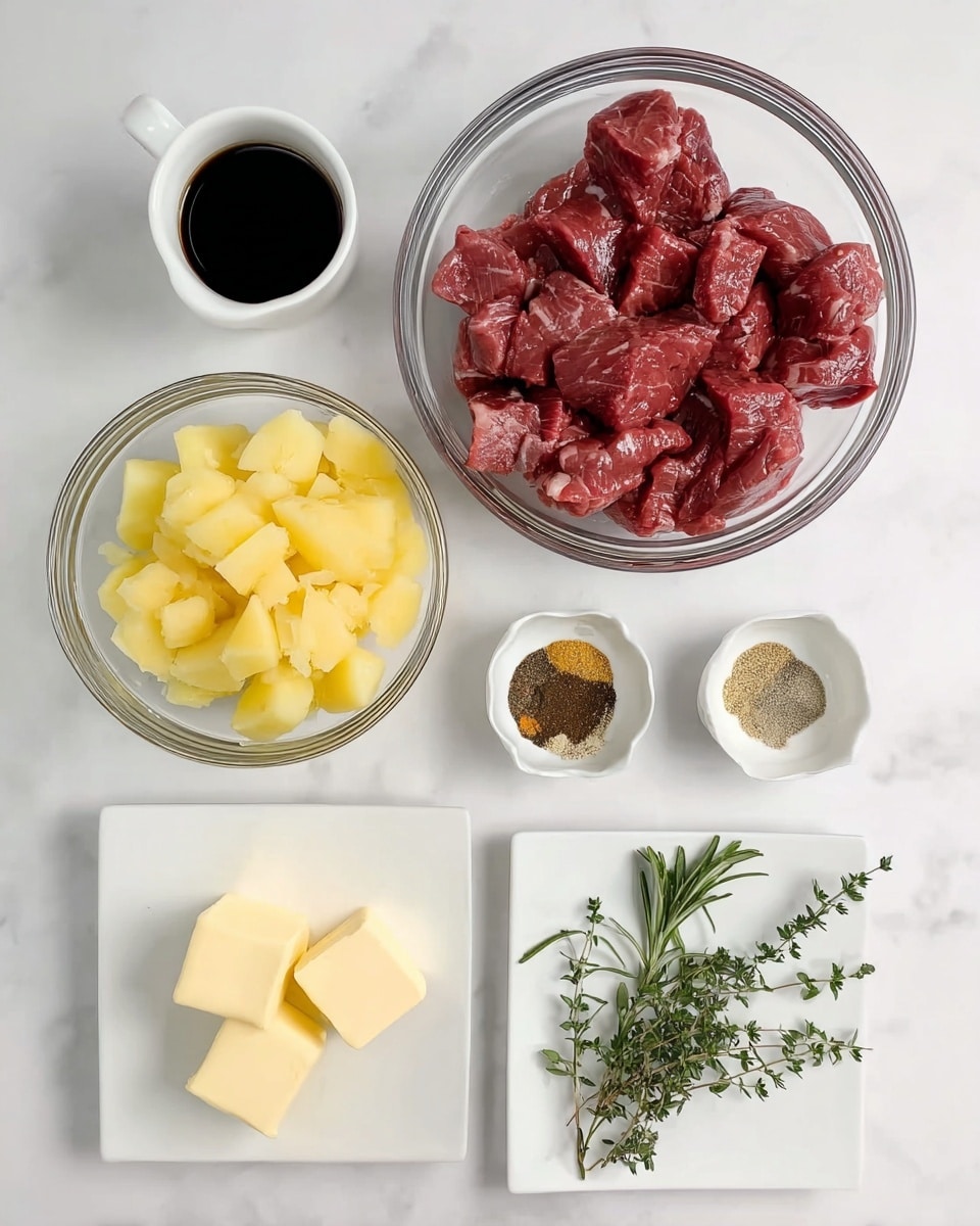 The image shows six different white bowls and plates arranged on a white marbled surface. At the center top is a clear glass bowl filled with raw, red meat chunks. Below it and slightly to the left is another clear glass bowl filled with diced yellow potatoes. To the top left is a small white cup holding a dark liquid. To the top right is a small white dish with two sets of spices, one dark brown and the other light brown. Below that is a small white bowl with four square pieces of pale yellow butter. At the bottom right, a white rectangular plate holds two green herb sprigs, one with thin leaves and the other with small needle-like leaves. Photo taken with an iphone --ar 4:5 --v 7