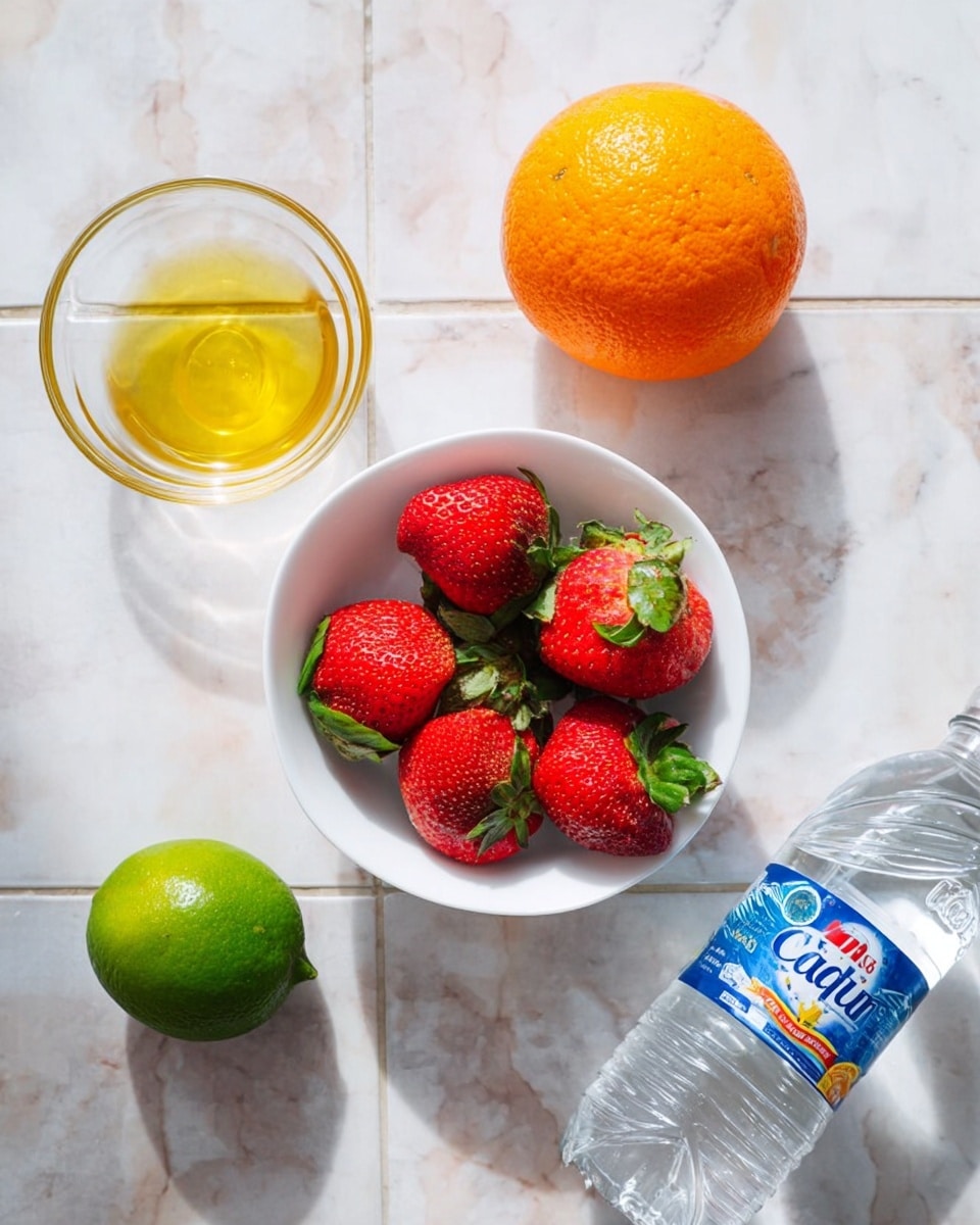 The image shows a white bowl filled with several bright red strawberries with green leaves on top, placed in the center of a white marbled surface. Above the strawberries, there is a whole orange with a bright and smooth skin. To the left of the strawberries, a small clear glass bowl contains a yellow liquid, likely honey. Below the strawberries, a whole green lime with a shiny, textured skin rests on the surface. To the right, a small clear plastic bottle of Canada Dry club soda with a blue and white label lies on its side. photo taken with an iphone --ar 4:5 --v 7