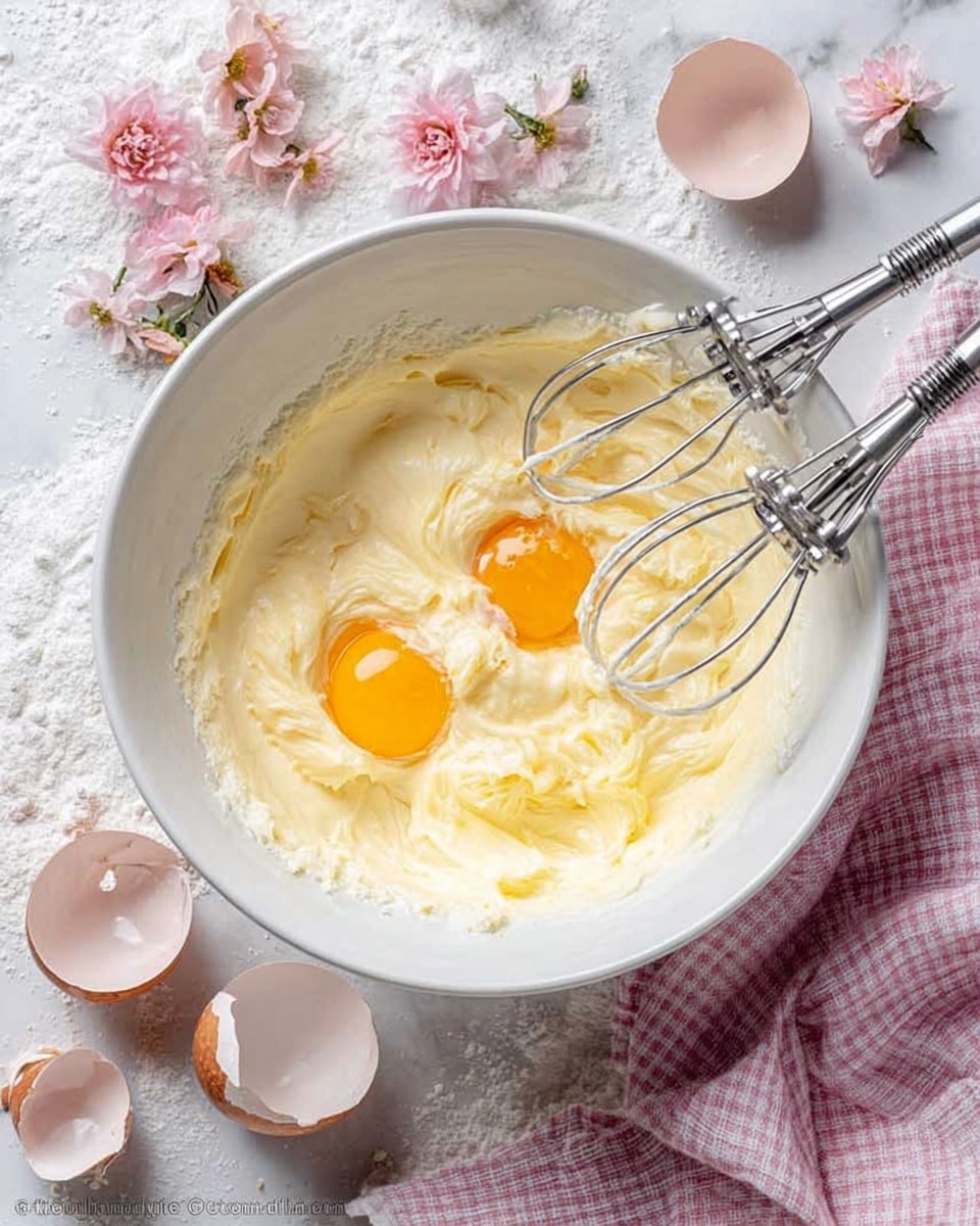 A white bowl on a white marbled surface holds a creamy, pale yellow mixture with two raw egg yolks on top, ready to be mixed. Two silver beaters of a hand mixer rest inside the bowl, partially covered in the creamy mixture. Around the bowl, there are several cracked white eggshells and small pink flowers scattered softly. A pink and white checkered cloth is placed to the right side of the bowl. The overall scene has soft, natural light giving a fresh and calm feeling. Photo taken with an iphone --ar 4:5 --v 7