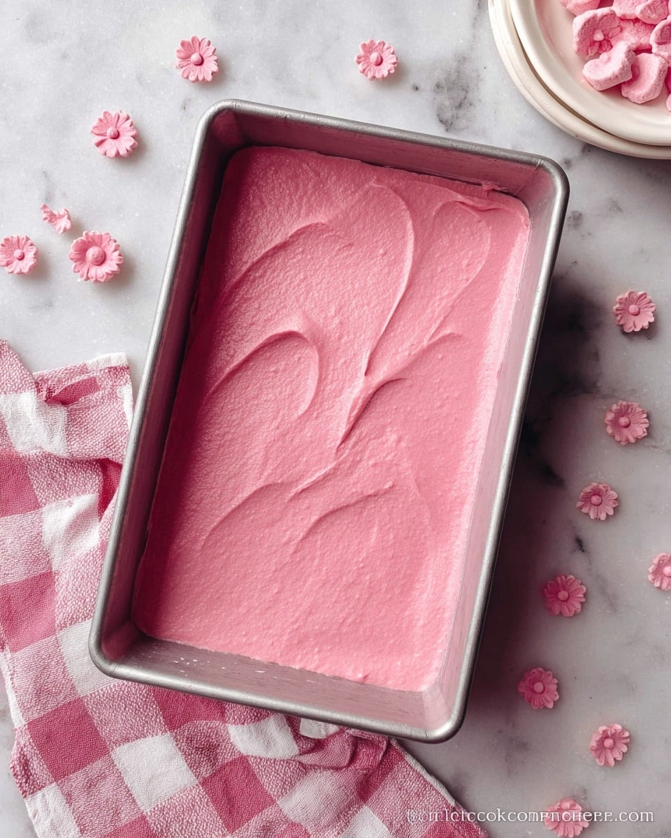 A rectangular metal baking pan filled with smooth, thick, bright pink batter spread evenly inside. The pan is placed on a white marbled surface scattered with small pink flower-shaped candies or decorations. Next to the pan is a white plate holding a pink and white checkered cloth. The overall scene is bright with soft natural light. photo taken with an iphone --ar 4:5 --v 7