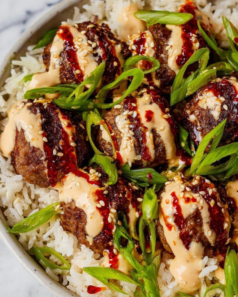 Firecracker Meatballs with Coconut Rice and Green Beans Recipe
