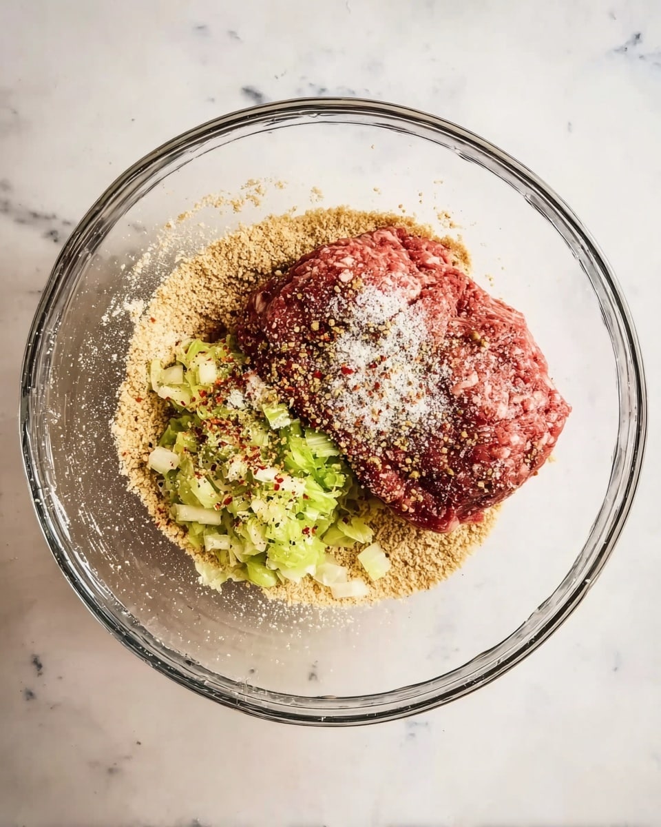 A clear glass mixing bowl sits on a white marbled surface, filled with three main layers. The bottom layer is a loose bed of light brown breadcrumbs spread evenly across the bottom. On top of this rests a large chunk of raw, ground meat with a rich red and white marbled texture. To one side of the meat, there is a mix of finely chopped light green and white vegetables, likely celery or onion. Sprinkled over the meat and veggies are small piles of white salt and coarse black and red spices, creating a speckled contrast on top. Photo taken with an iphone --ar 4:5 --v 7