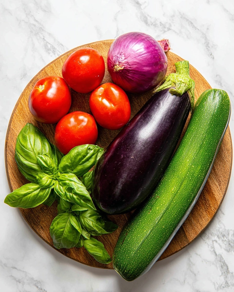 A wooden round cutting board holds a bunch of fresh vegetables and herbs arranged on a white marbled surface. There are two long, shiny green zucchinis placed side by side on the right. Next to them, a long, smooth, dark purple eggplant stretches vertically. To the left of the eggplant, three bright red tomatoes are grouped together with smooth and round shapes. Above the tomatoes, a large, glossy red onion sits with a small pointed tail. On the left side of the board, a bunch of fresh green basil leaves adds a bright leafy touch. The colors are vibrant and the textures range from glossy and smooth to leafy and rough. photo taken with an iphone --ar 4:5 --v 7