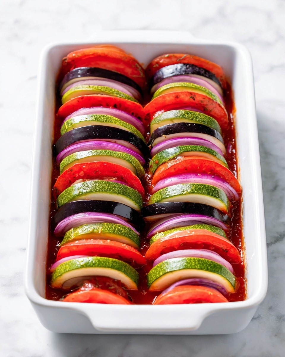 The image shows a white rectangular baking dish with seven neat stacks of sliced vegetables arranged vertically. Each stack has layers of green zucchini, purple eggplant, red tomato, and light purple onion, repeating in a colorful pattern. The slices are thick and round, stacked tightly one on top of another, showing clear separation of each vegetable. At the bottom of the dish is a visible layer of red tomato sauce, spreading evenly under the stacks. The dish sits on a white marbled surface with soft natural light coming from above. photo taken with an iphone --ar 4:5 --v 7