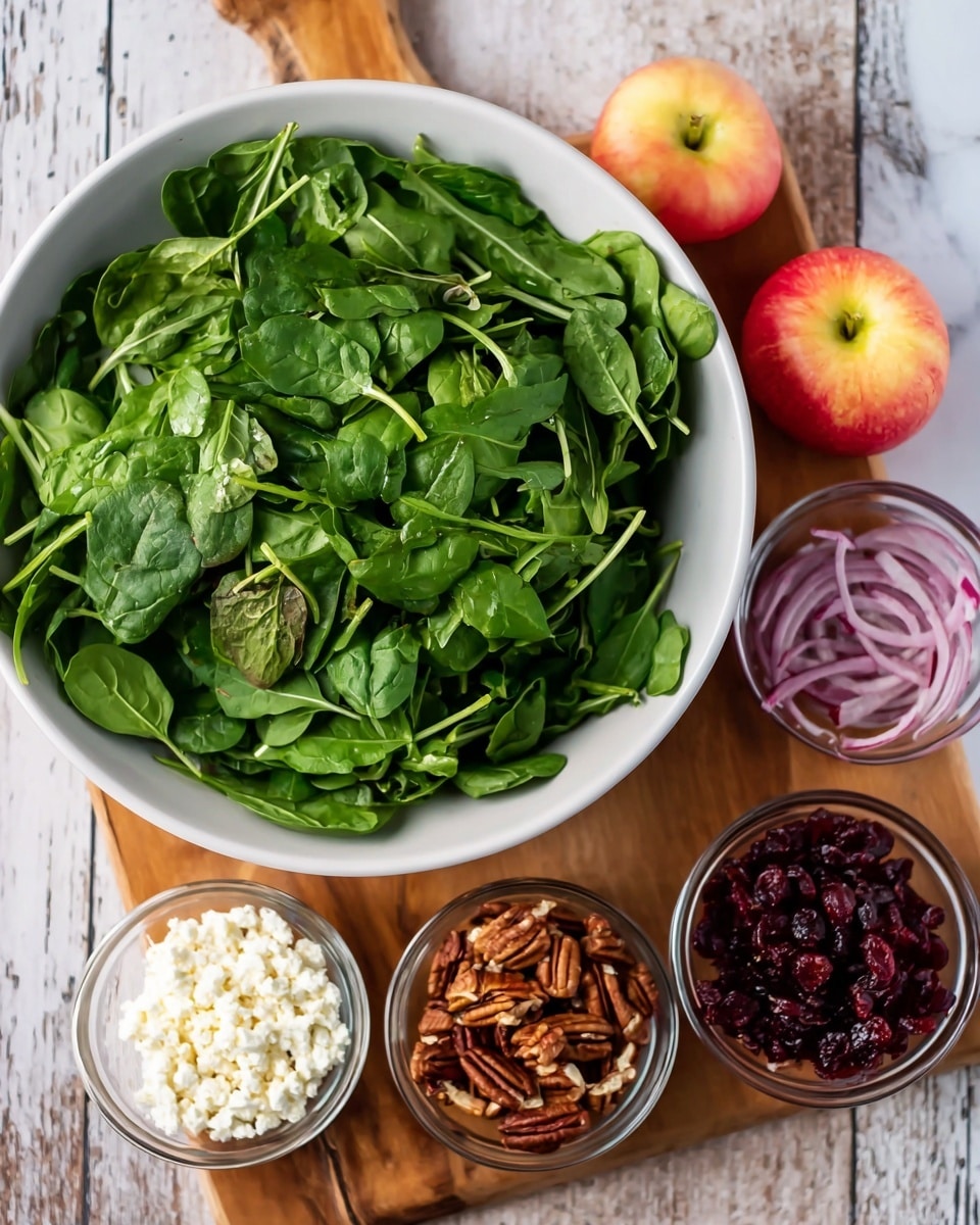 A large white bowl full of fresh green spinach leaves and arugula sits on a wooden board. On the board around the bowl are five small clear glass bowls: one with crumbled white cheese, one with brown pecan nuts, one with thinly sliced red onion, and one with dark red dried cranberries. Two small red and yellow apples rest on the board near the bowls. The background is a white marbled texture. photo taken with an iphone --ar 4:5 --v 7