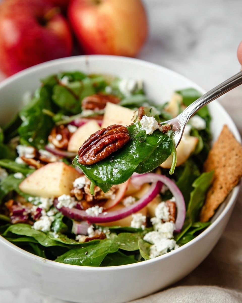 A white bowl filled with a fresh salad showing several layers: a base of dark green leafy spinach and arugula with smooth shiny texture, mixed with bright red onion slices scattered unevenly, topped with white crumbled cheese and reddish-brown pecan halves adding a rough texture, along with small pale yellow apple pieces for contrast. A silver fork held by a woman's hand lifts a bite-sized portion including a pecan, a spinach leaf, a piece of apple, some onion, and cheese crumbles. Part of a brown cracker is visible at the edge of the bowl. The background shows blurred apples with warm red and orange tones on a white marbled surface photo taken with an iphone --ar 4:5 --v 7