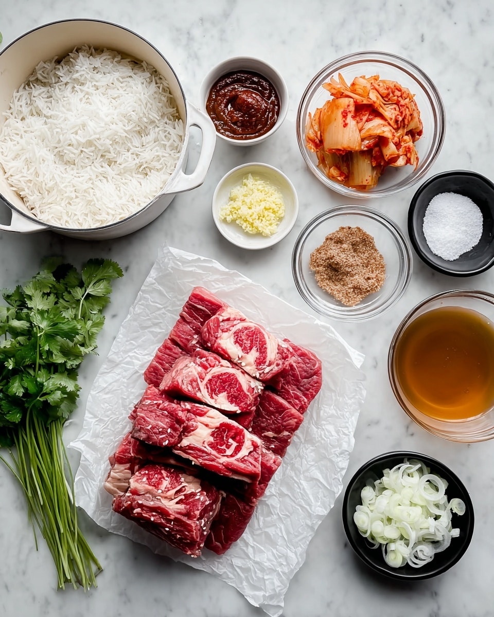 The image shows a layout of raw ingredients on a white marbled surface. In the center, there is a stack of raw red beef pieces on white parchment paper, showing layers of meat with white marbling. To the left sits a white pot filled with cooked white rice, its fluffy texture visible. Surrounding the pot are small bowls: one with coarse white salt, another with light yellow minced garlic, and a third with reddish-orange kimchi, displaying layered cabbage pieces. Above the meat are three small bowls with different sauces: a dark red thick sauce, a pale yellow liquid, and a light yellow minced ginger paste. To the right of the meat is a glass bowl filled with amber-colored broth and a greenish bowl with finely sliced white onions. Below these are two small black bowls: one with light brown brown sugar crystals and another with dark soy sauce. A bunch of fresh green cilantro is placed near the top right. Photo taken with an iphone --ar 4:5 --v 7
