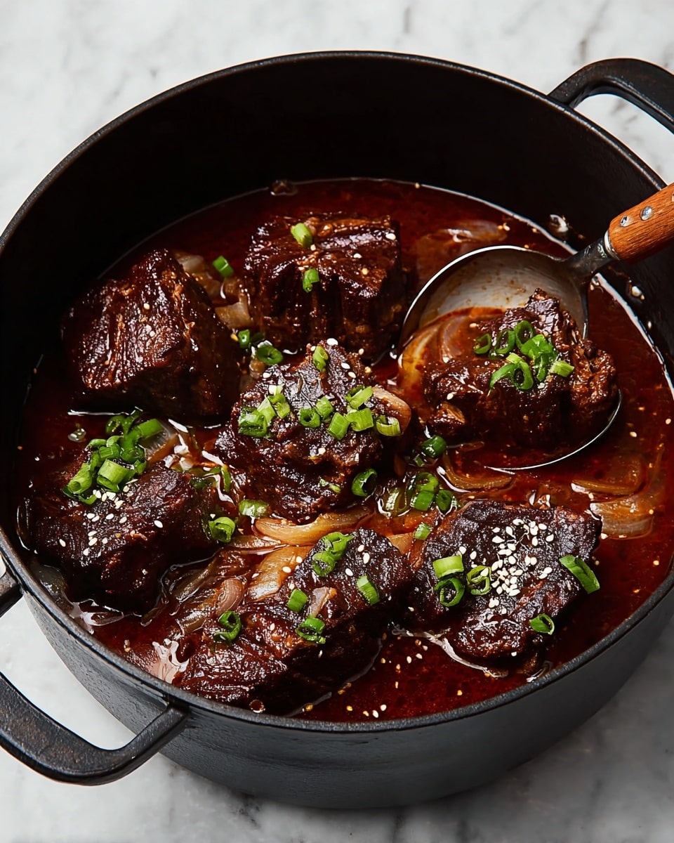 A black cast iron pot filled with seven pieces of dark brown braised meat sitting in a deep reddish-brown sauce, garnished on top with small green sliced scallions and a few white sesame seeds. Some translucent cooked onions are scattered around the meat. A spoon with a wooden handle is partially placed inside the pot, touching two pieces of meat. The pot rests on a white marbled surface. Photo taken with an iphone --ar 4:5 --v 7
