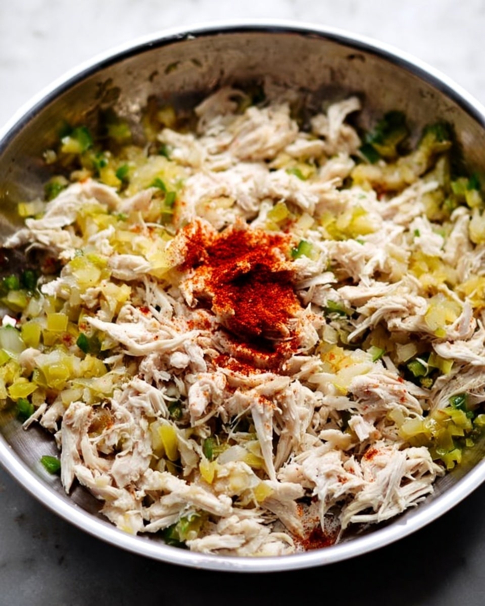 A shiny silver pan filled with shredded white chicken pieces layered unevenly on top of small diced green and yellow vegetables, mainly peppers and onions. There is a small heap of red spice sprinkled in the middle, standing out against the light colors of the chicken and vegetables. The ingredients look soft and lightly cooked, giving a mix of moist and slightly crisp textures. The background shows a white marbled surface. Photo taken with an iphone --ar 4:5 --v 7
