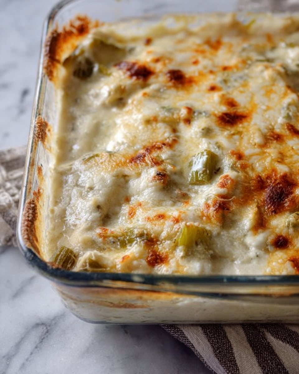 The image shows a close-up view of a clear glass baking dish filled with a creamy, baked casserole. The dish is layered with a thick, white sauce that has melted cheese on top, creating golden brown patches in some areas, especially near the edges. Small chunks of green vegetables are visible throughout the creamy layer, adding specks of color. The glass dish sits on a white marbled surface with a striped cloth partially visible beneath it. The texture on top looks smooth with some browned crispy spots along the rim of the casserole photo taken with an iphone --ar 4:5 --v 7