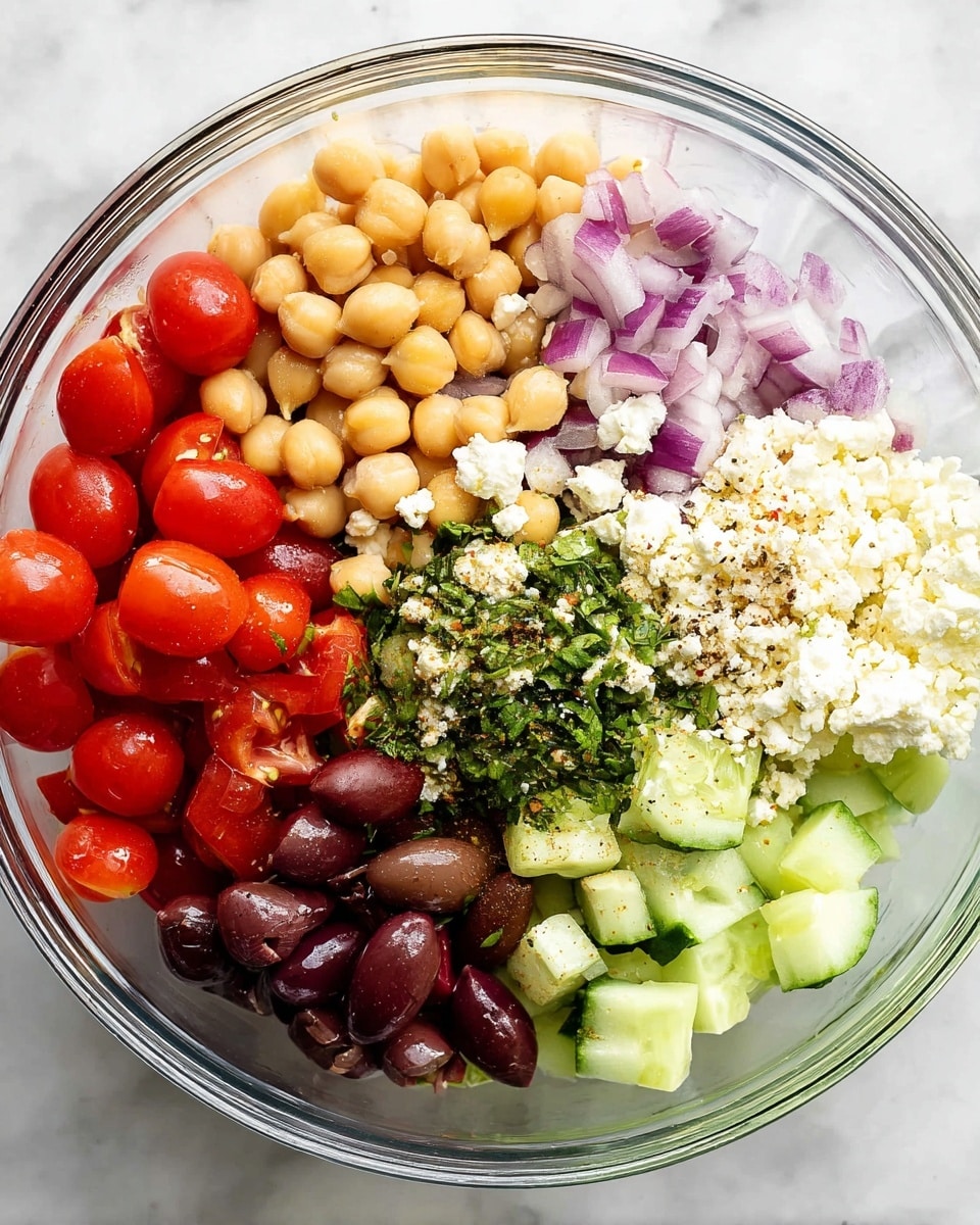 A clear glass bowl holds seven distinct layers of fresh ingredients arranged separately: bright red halved cherry tomatoes on the left, light beige chickpeas in the top center, finely chopped purple-red onions on the right, creamy white crumbled feta with a sprinkle of seasoning below the onions, pale green cucumber cubes at the bottom right, shiny dark purple olives at the bottom left, and finely chopped fresh green herbs at the center over a bed of minced garlic and seasoning. The bowl sits on a white marbled surface. Photo taken with an iphone --ar 4:5 --v 7