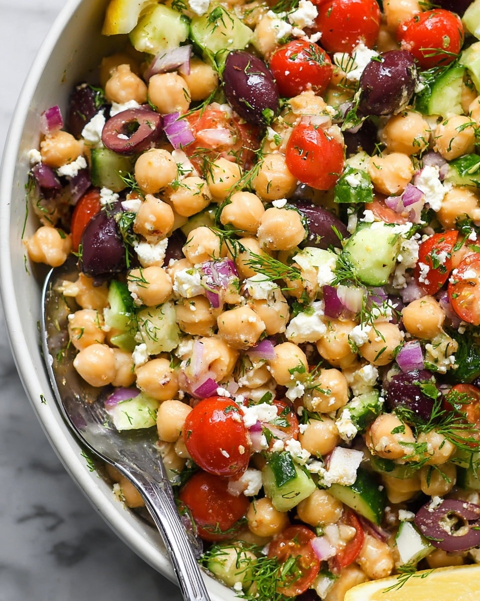 A close-up view of a chickpea salad with many layers of ingredients mixed together, including pale yellow chickpeas, red cherry tomatoes halved, dark purple olives, light green cucumber chunks, small pieces of white feta cheese, and diced red onion scattered throughout. Fresh green herbs like dill and parsley leaves are spread evenly on top, adding a touch of brightness. A metal spoon is partially submerged in the salad near the center, and a white bowl on a white marbled surface holds the salad with a lemon wedge visible on the side. photo taken with an iphone --ar 4:5 --v 7