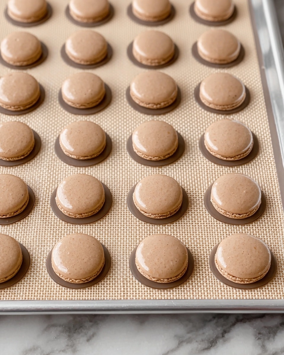 The image shows a baking tray filled with evenly spaced, round, smooth dollops of light brown macaron batter. Each macaron is about the same size and shape, placed in neat rows on a silicone baking mat that has a light beige color with a subtle grid pattern. The baking tray is silver and rests on a white marbled surface. The macarons have a slightly glossy texture and soft, even tops, ready to be baked. photo taken with an iphone --ar 4:5 --v 7