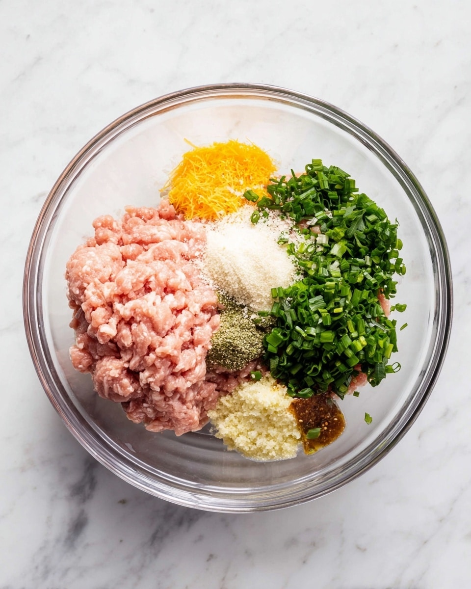 A clear glass bowl sits on a white marbled surface, holding several separate layers of ingredients. In the bottom left, there is a large portion of light pink ground meat. Next to it on the right is a mix of chopped fresh green herbs and scallions. Above the herbs is a small pile of fine white breadcrumbs. Near the breadcrumbs are two separate dollops of finely grated light yellow ginger and minced pale yellow garlic. On top of the ground meat and some herbs are small piles of white salt, black pepper, and a drizzle of brown sauce. Around the edges, the colors create a contrast between pink, green, white, and yellow shades inside the clear bowl. photo taken with an iphone --ar 4:5 --v 7