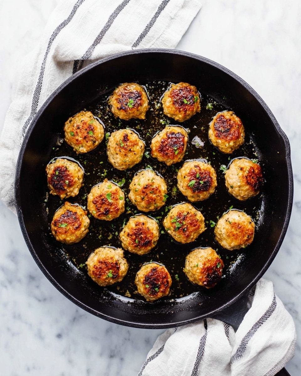 A black iron skillet sits on a white marbled surface, filled with 16 golden-brown meatballs. The meatballs are round and evenly spaced in the skillet, each showing a slightly crispy, browned texture with small green herb flecks throughout. The skillet has light oil glistening between the meatballs, enhancing their sheen. A white and black striped cloth is partially seen beside the skillet. photo taken with an iphone --ar 4:5 --v 7