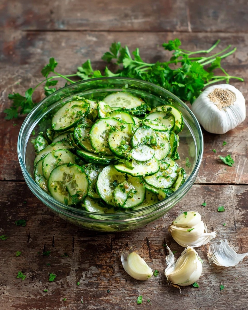 A clear glass bowl filled with thin slices of cucumber mixed with chopped green herbs and seasoning, creating a fresh, light green salad with specks of darker green from the herbs; beside the bowl on a worn wooden surface are sprigs of fresh parsley and several garlic cloves with papery skins partially peeled away. The colors are natural greens and creamy whites with a rustic backdrop. photo taken with an iphone --ar 4:5 --v 7