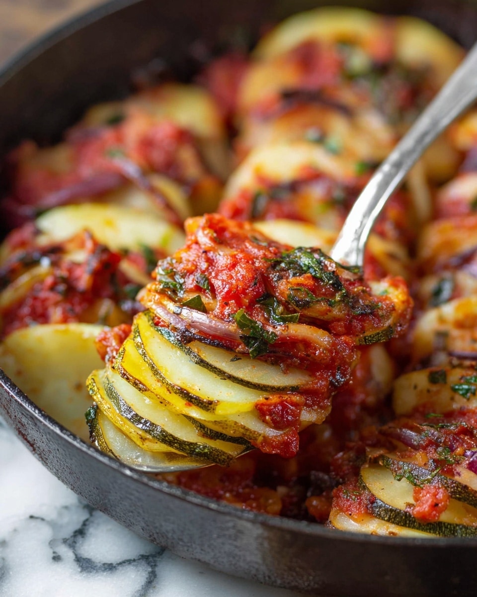 The dish shows a close-up of a layered vegetable bake in a black pan placed on a white marbled surface. The layers include thin slices of light yellow potatoes, green zucchini, and light purple onions, all arranged in overlapping rows standing upright. Each vegetable layer is topped with bright red, chunky tomato sauce mixed with herbs and chopped greens, giving a textured surface. The edges of the vegetables are golden and slightly browned, indicating they are baked. A silver spoon is lifting a portion from the pan, showing the softness and layers of the vegetables and sauce together. Photo taken with an iphone --ar 4:5 --v 7
