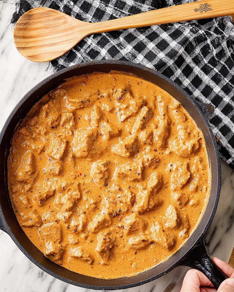 A large black cast iron pan filled with a creamy orange sauce with chunks of tender meat evenly spread throughout. The sauce has a smooth and slightly thick texture with a warm hue from spices. The pan is placed on a white marbled surface next to a wooden spoon resting on a black and white checkered cloth. A woman's hand is slightly visible holding the pan’s handle on the right side. The overall scene has a cozy and home-cooked feel. photo taken with an iphone --ar 4:5 --v 7