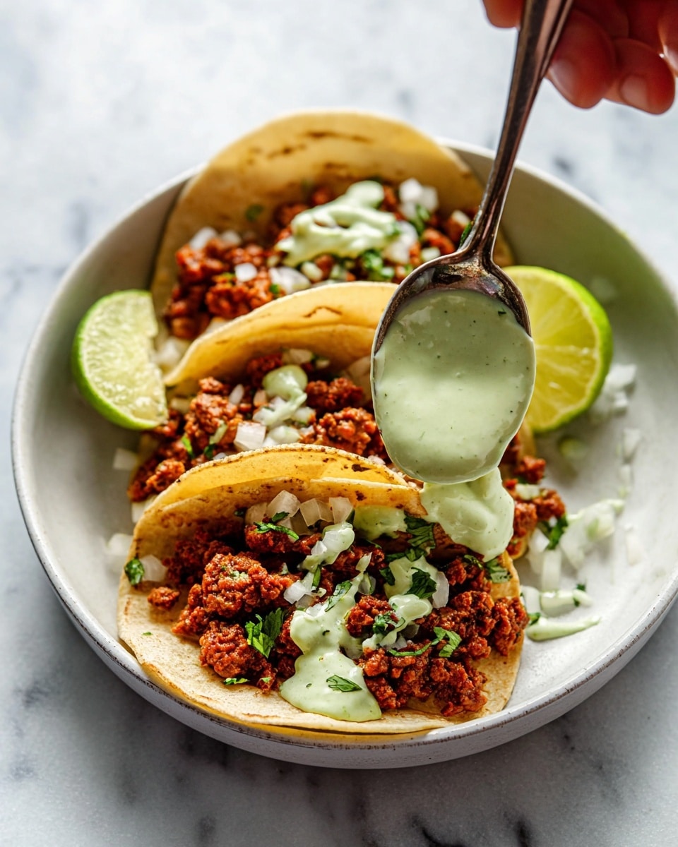A white bowl filled with three small soft corn tortillas, each holding a layer of reddish-brown cooked meat with a crumbly texture, topped with small white pieces of onion and green cilantro bits. One taco has a drizzle of smooth, creamy light green sauce being added with a spoon held by a woman's hand. A lime wedge with pale green skin sits at the back edge of the bowl. The bowl rests on a white marbled surface. photo taken with an iphone --ar 4:5 --v 7