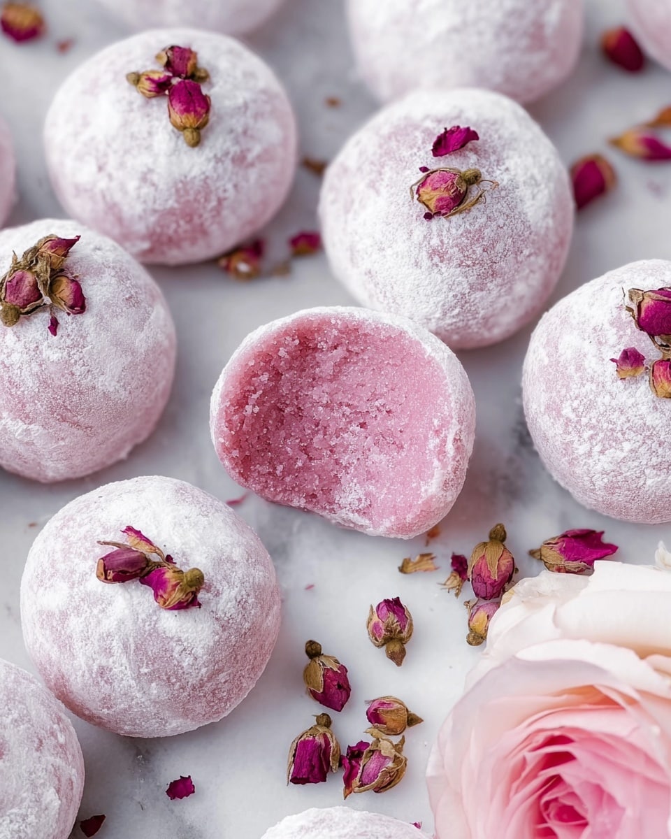 The image shows several round, pink mochi balls dusted with white powder, scattered on a white marbled surface. One mochi ball is cut open, revealing a smooth, bright pink filling inside. Some mochi are topped with small dried rosebuds, and more dried rosebuds are sprinkled around them. There is also a light pink rose flower partially visible in the bottom right corner. photo taken with an iphone --ar 4:5 --v 7