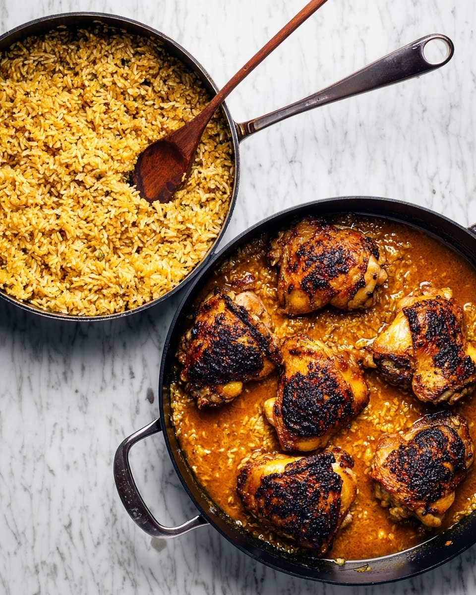 Two black pans sit side by side on a white marbled surface. The left pan holds a single layer of golden brown rice mixed with small bits of a similar color, and a wooden spoon with a long light brown handle rests in it. The right pan contains four pieces of browned, crispy-skinned chicken thighs placed evenly on top of a layer of orange-brown sauce mixed with some rice. The chicken pieces have dark char marks and a slightly rough texture, contrasting with the smooth liquid beneath them. Photo taken with an iphone --ar 4:5 --v 7