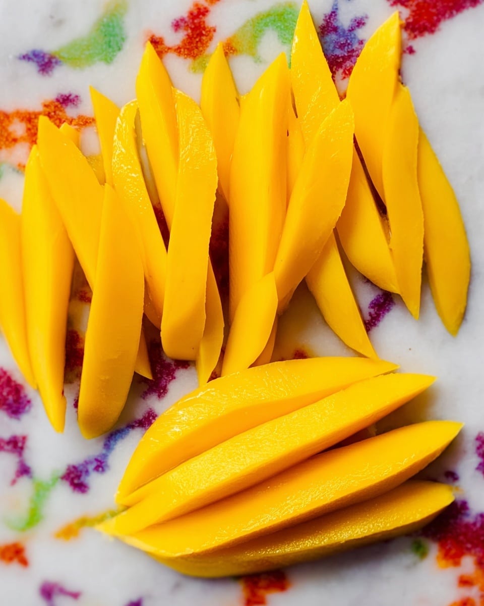 Bright yellow mango slices are arranged in two groups on a white marbled surface with colorful red, purple, green, and orange splashes. The left group has thinner, longer slices placed close together, showing smooth and shiny textures. The right group has thicker, wider slices stacked slightly on top of each other, with a similar glossy look. The vibrant yellow of the mango contrasts with the multicolor background. photo taken with an iphone --ar 4:5 --v 7