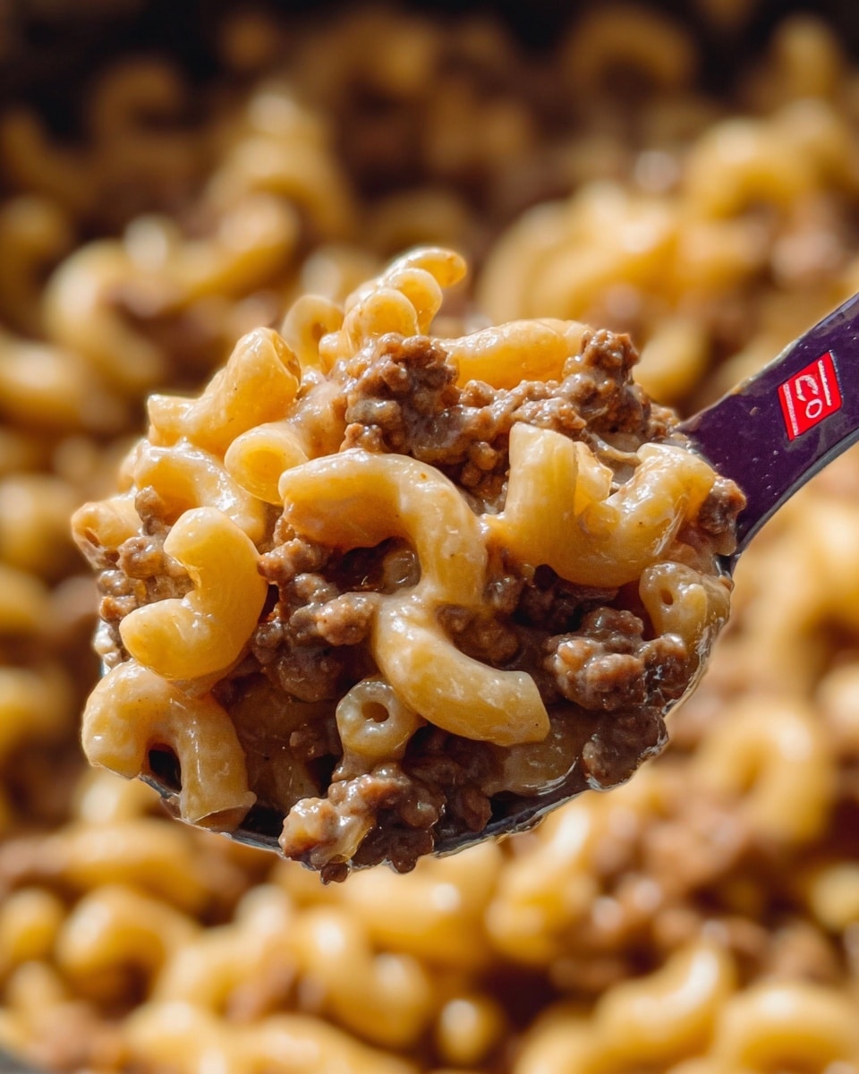 A close-up of a spoonful of macaroni mixed with cooked ground beef, showing creamy cheese sauce coating the yellow macaroni tubes and meat bits. The spoon handle is purple with a small red logo, and the background is filled with more macaroni and beef mixture, all on a white marbled texture. The image gives a warm, rich feeling with soft lighting highlighting the creamy and meaty textures. photo taken with an iphone --ar 4:5 --v 7