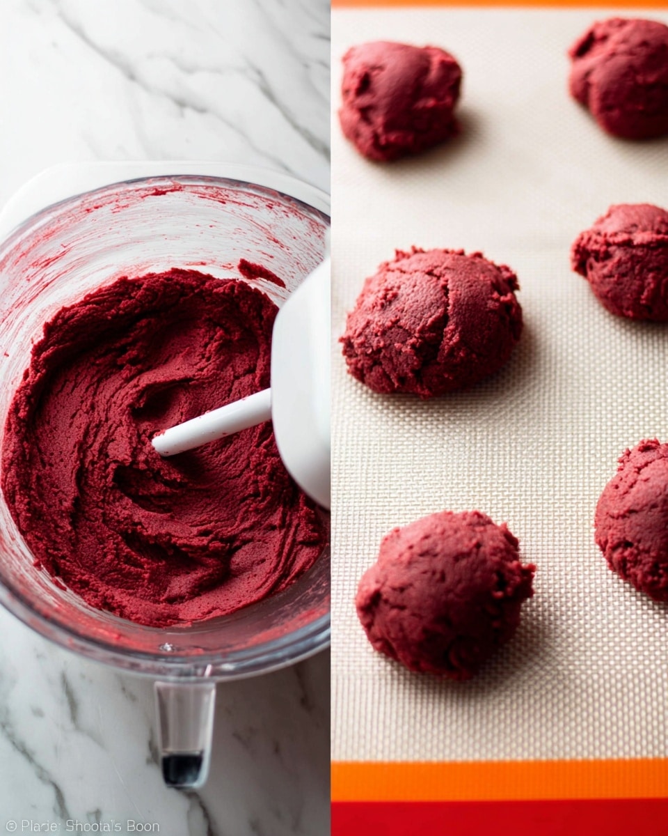 The image shows a side-by-side view of red cookie dough. On the left, there is a clear mixing bowl filled with smooth, thick dark red dough being mixed by a white mixer attachment. On the right, several scoops of the same red dough are placed spaced apart on a white silicone baking mat with an orange border, ready to be baked. The dough has a soft, slightly textured surface and deep red color. The background is a white marbled texture. photo taken with an iphone --ar 4:5 --v 7
