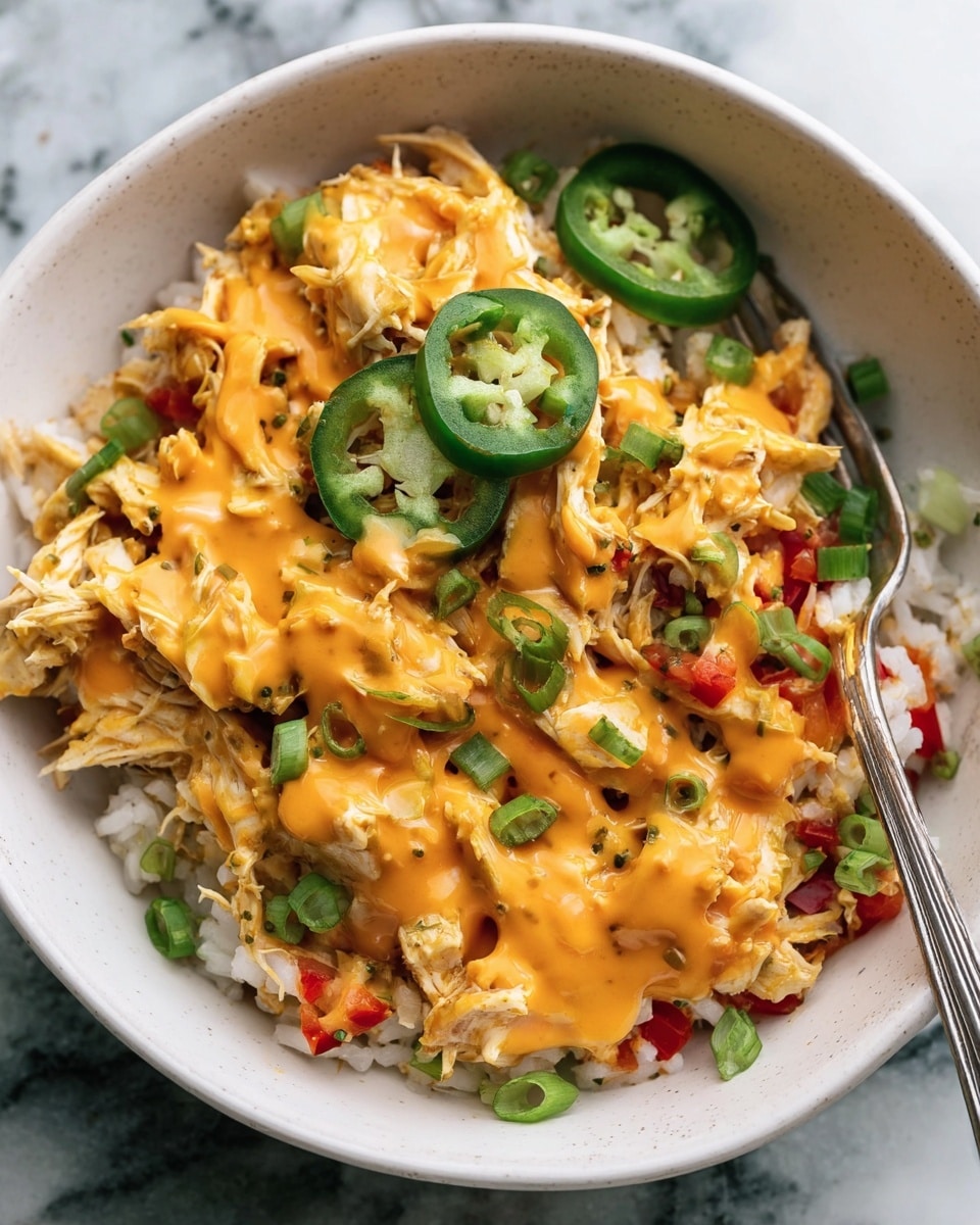 A white bowl filled with a mixture of shredded light brown chicken pieces layered with diced red and green bell peppers, white rice, and small bits of onion. The dish is topped with a bright orange cheese sauce drizzled unevenly over the top. There are small slices of green jalapeño placed on the surface, and thinly cut green onions scattered around. The bowl sits on a white marbled surface with a silver fork placed inside the bowl. Photo taken with an iphone --ar 4:5 --v 7