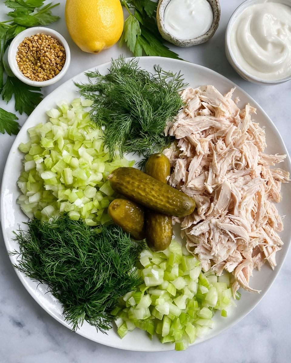 A white plate holds five main sections of ingredients arranged side by side: shredded pale pink cooked chicken pieces take up the top right corner, next to a small bunch of dill garnish. Below the chicken, in the middle, is a pile of chopped green pickles with two whole pickles resting on top. To the left of the pickles is a layer of finely chopped pale green celery, and below that, a dense patch of fresh dark green dill. Around the plate, on a white marbled surface, there are half a lemon, some celery leaves, a small white bowl with whole grain and yellow mustard, and a white bowl filled with thick white sour cream. Photo taken with an iphone --ar 4:5 --v 7