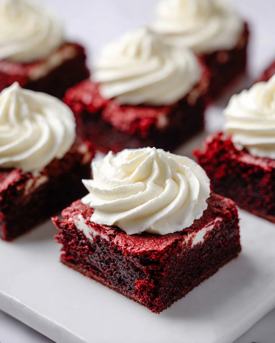 The image shows several square-shaped red velvet brownies arranged on a white plate with a white marbled texture surface. Each brownie has two layers: a dark red, rich, and slightly cracked base layer with a moist texture, and a thick swirl of smooth, creamy white frosting neatly piped on top in a circular pattern with a small peak in the center. The focus is on the front brownies while the others softly blur into the background, emphasizing the detailed texture of the frosting and the red velvet beneath. Photo taken with an iphone --ar 4:5 --v 7